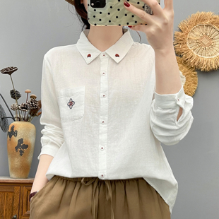 文艺刺绣花朵纯棉翻领柔软衬衣 女宽松2026春季 双层棉纱长袖 衬衫