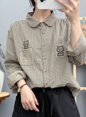 格子宽松双层棉纱衬衫女长袖潮