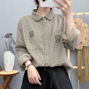 秋季新款文艺小清新刺绣猫咪竖条纹格子宽松双层棉纱衬衫女长袖潮
