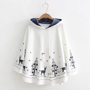 日系森女系春秋斗蓬外套甜美小鹿印花宽松蝙蝠袖流苏少女学生上衣
