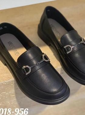 83018-956美之美2025春款女单鞋英伦风黑色低跟一脚蹬牛皮乐福鞋