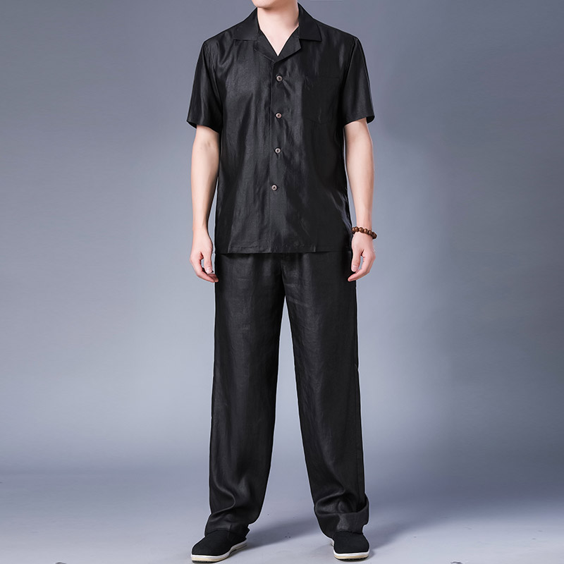 大牌香云纱套装短袖衬衫夏季男士