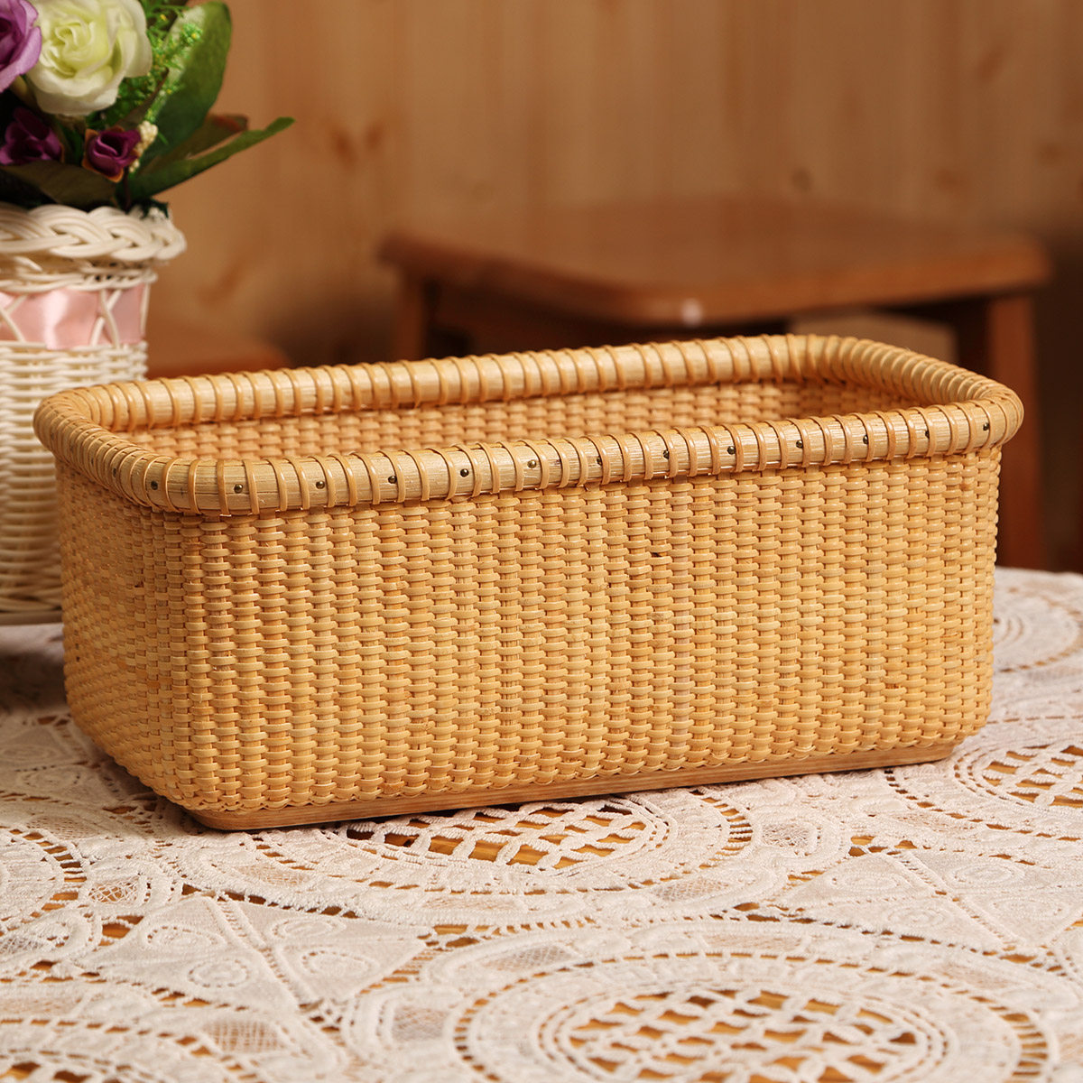 藤田桌面藤编收纳筐办公用品收纳篮洗手间化妆品欧式日本餐具整理