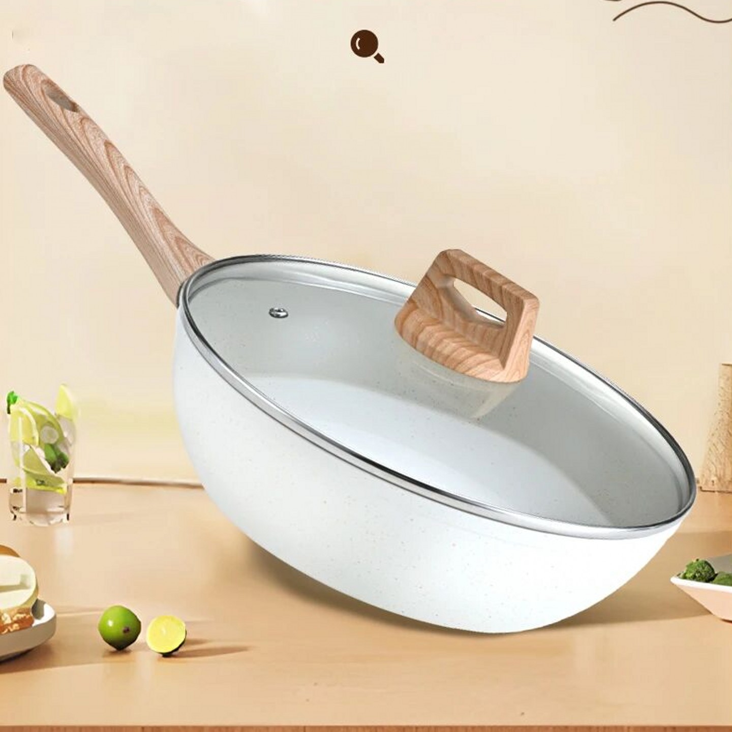 不粘锅炒锅木纹手柄玻璃盖家用平底锅煎锅全灶具通用