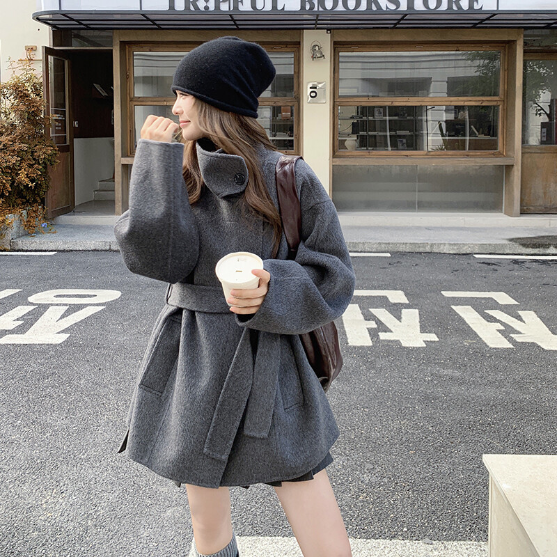 韩系灰色羊绒大衣女中长款系带收腰毛呢外套学院风高级感