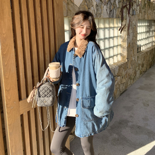 港风复古毛绒拼接中长款牛仔羽绒服女冬季2025年新款90绒轻暖外套