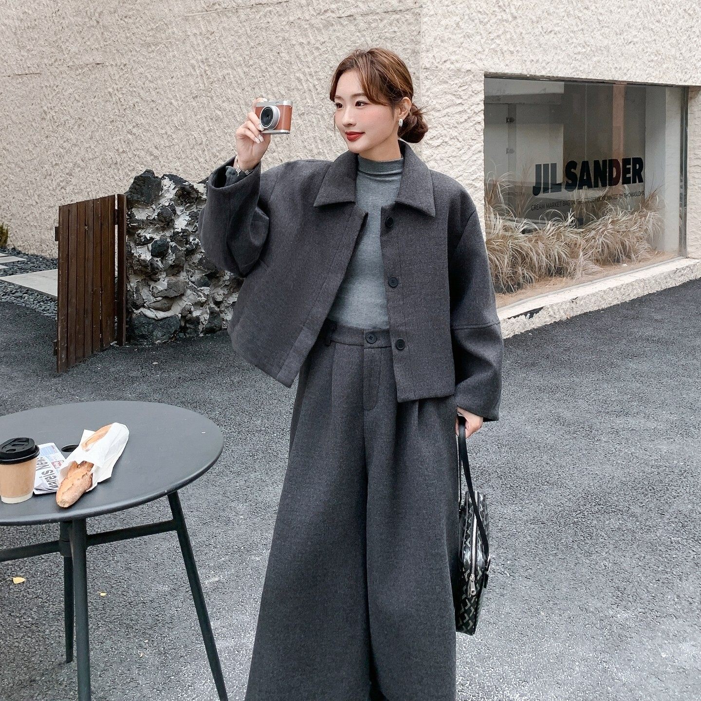 2025冬季夹棉加厚羊毛呢两件套女灰色阔腿裤老钱风套装