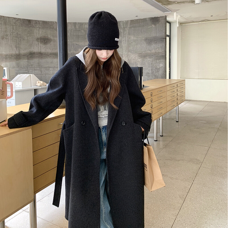 2025新款学院风连帽长款羊绒大衣女秋冬黑色高级感外套