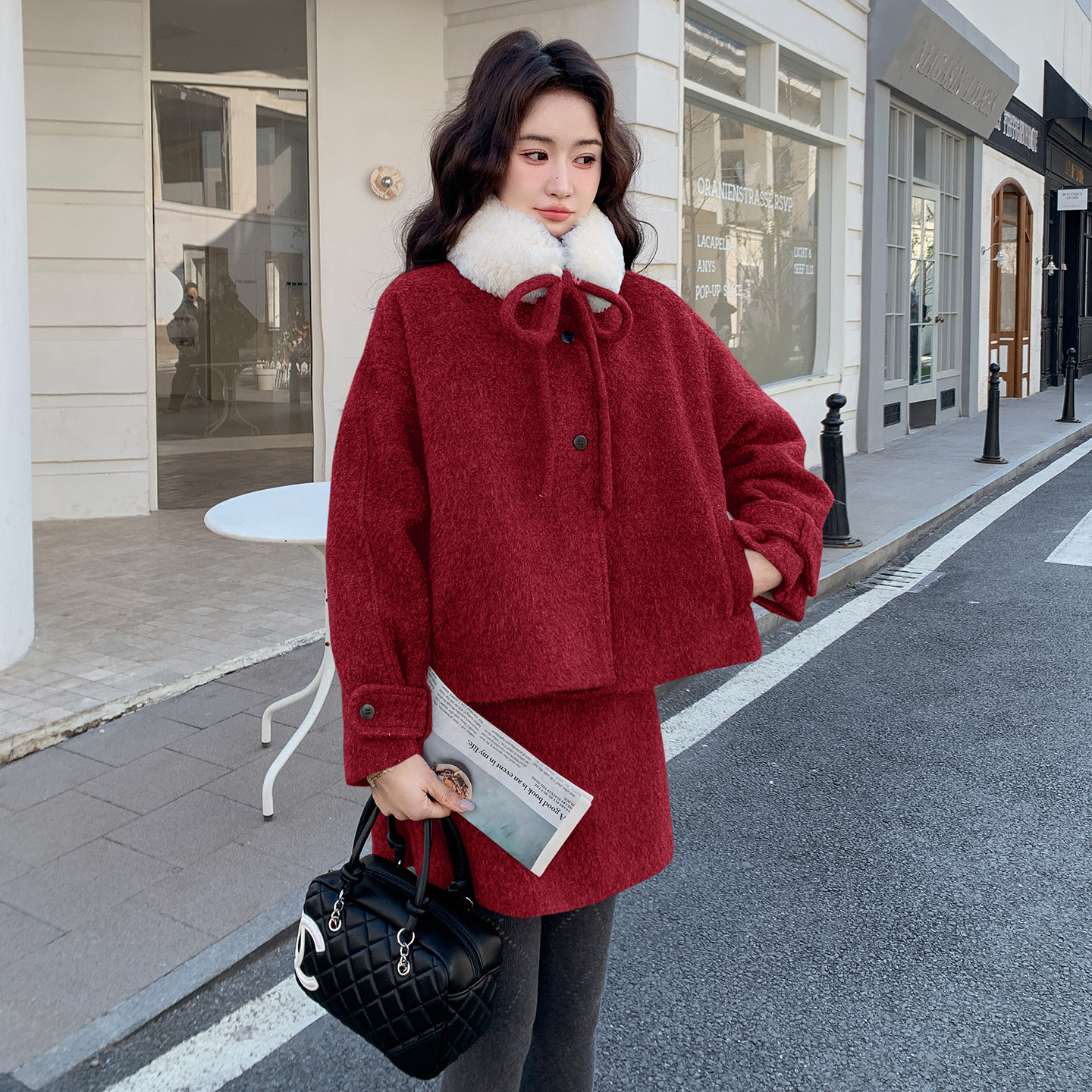 红色毛呢外套半身裙两件套女冬季新款高级感显瘦小个子套装