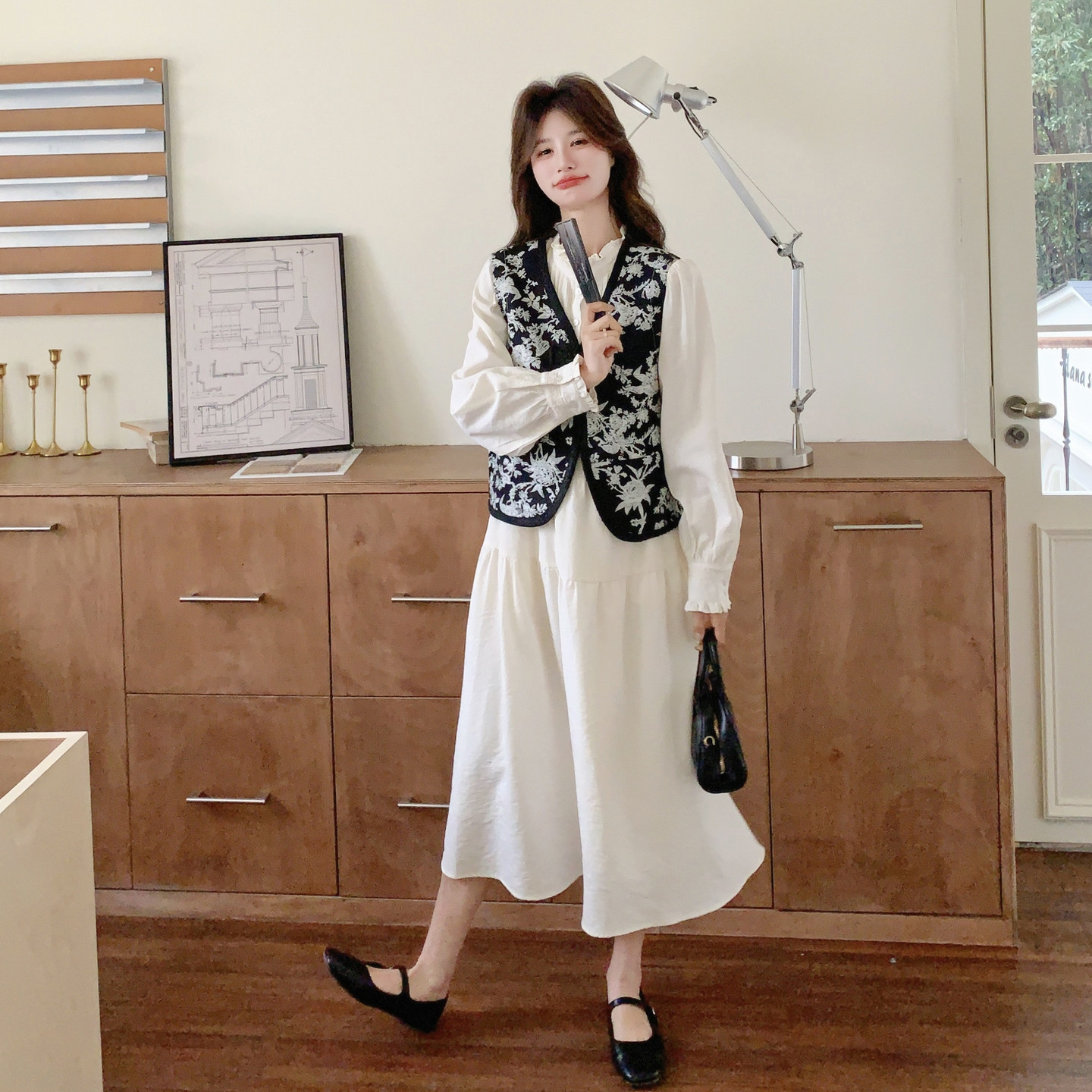 法式复古提花马甲连衣裙套装女春季显瘦两件套气质穿搭