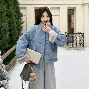 美式复古毛绒拼接牛仔外套女冬季短款加厚保暖小个子棉服内胆夹克