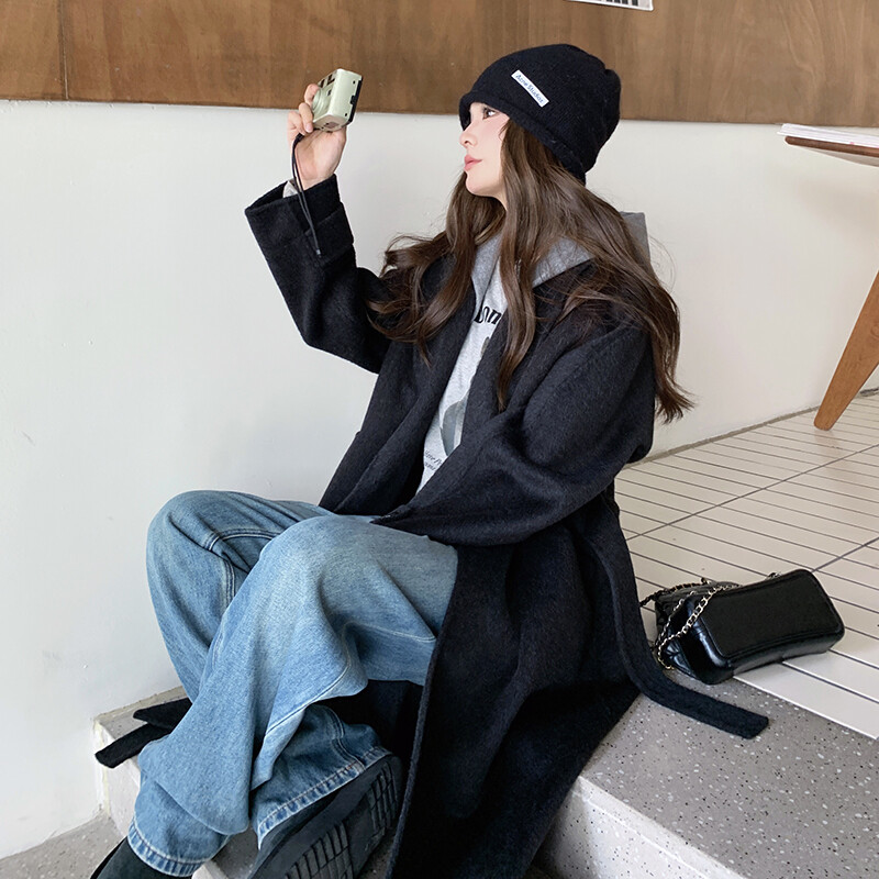 2025新款黑色羊绒大衣女中长款连帽学院风秋冬外套