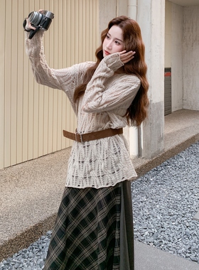 2025秋装新款针织毛衫+格子拼接腰裙慵懒风套装2526P175K248