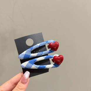 韩国东大门品质藏蓝格纹爱心发夹BB夹简约百搭发饰日常出街头饰