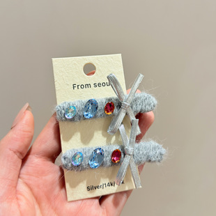 韩国灰色毛线针织彩钻蝴蝶结发夹高级感气质百搭侧边刘海碎发夹子