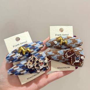 韩国气质毛线格纹醋酸小马发夹时尚减龄可爱侧边刘海碎发BB夹对