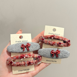 韩国东大门红色毛线蝴蝶结发夹女时尚高端甜美侧边刘海碎发BB夹子