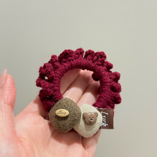 韩国新年红色毛线编织可爱小熊大肠发圈甜美洋气马尾发绳头绳皮筋