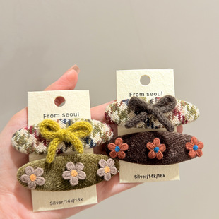 韩国甜美橄榄绿千鸟格花朵发夹时尚童趣毛线蝴蝶结刘海碎发BB夹子