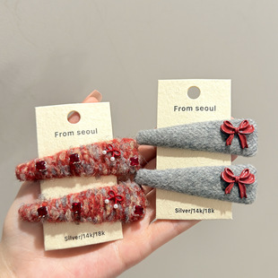 韩国气质红色毛线闪钻蝴蝶结发夹氛围感时尚百搭侧边刘海碎发BB夹