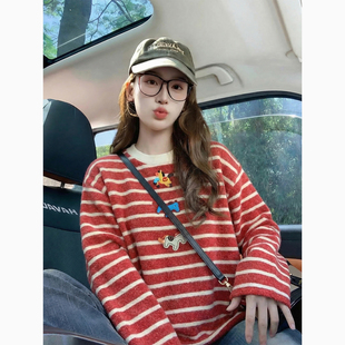 红色条纹磨毛长袖t恤女2026新款春季卡通刺绣复古慵懒内搭打底衫