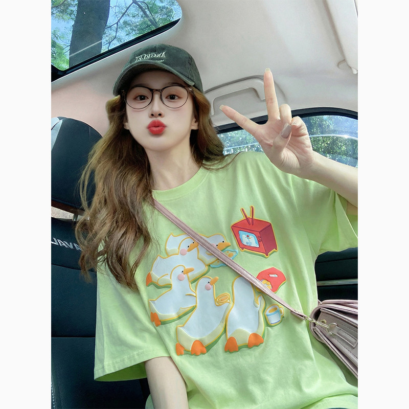 黄绿色卡通可爱印花短袖t恤女夏季小众减龄宽松潮牌休闲纯棉上衣,女装/女士精品,T恤,淘宝优惠券,粉丝福利购,淘宝优惠卷