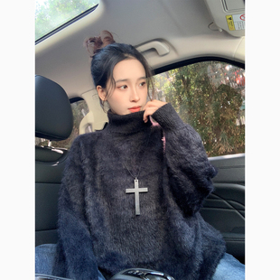 黑色高领水貂绒加厚毛衣女冬季内搭软糯慵懒松弛感马海毛针织外套