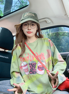 绿色彩绘潮牌长袖t恤女早秋2025新款宽松慵懒风减龄显白防晒上衣