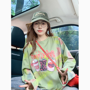 绿色彩绘潮牌长袖t恤女早秋2025新款宽松慵懒风减龄显白防晒上衣
