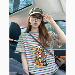 宽松慵懒纯棉上衣女 2026新款 红蓝条纹可爱卡通潮牌短袖 t恤女夏季