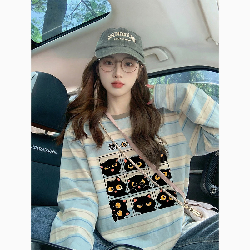 蓝白条纹卡通可爱印花潮牌纯棉长袖t恤女春夏2026新款宽松上衣女,女装/女士精品,T恤,淘宝优惠券,粉丝福利购,淘宝优惠卷