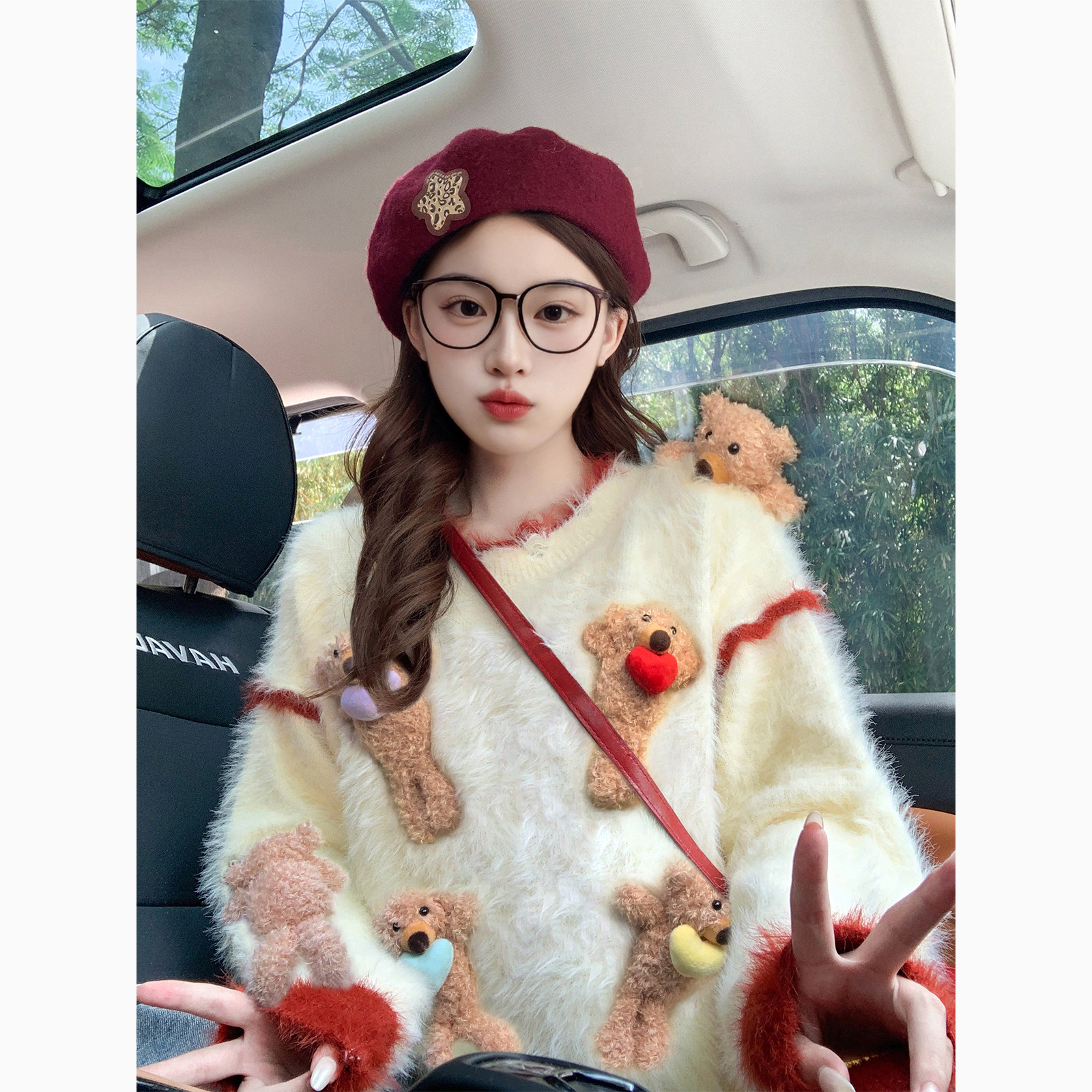3D立体小熊圣诞氛围穿搭加厚毛衣女冬季软糯慵懒高级感水貂绒外套