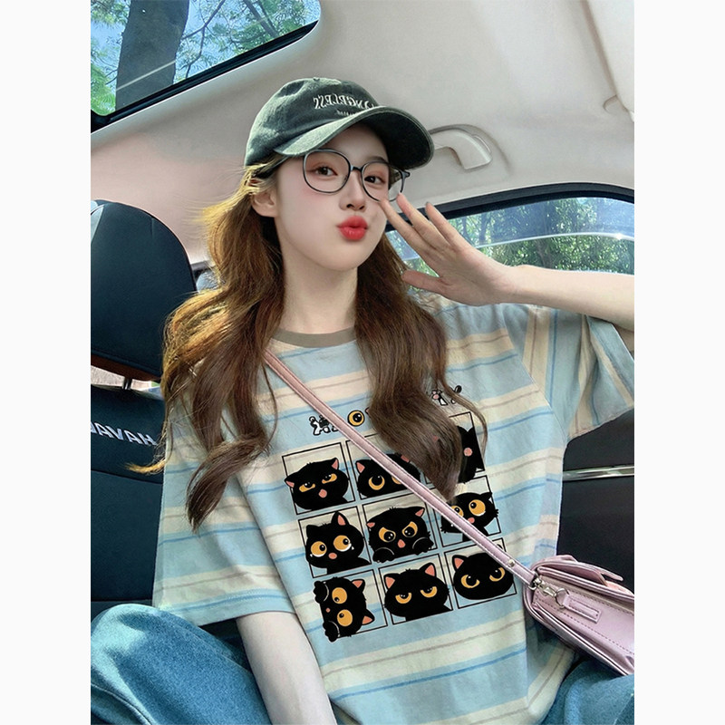 蓝色条纹卡通可爱印花潮牌短袖t恤女夏季2026新款宽松减龄上衣女,女装/女士精品,T恤,淘宝优惠券,粉丝福利购,淘宝优惠卷