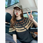 宽松慵懒高级感上衣体恤 2026新款 黑色潮牌印花纯棉短袖 t恤女夏季