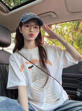 欧派穿搭潮流白色短袖t恤女2025新款卡通印花情侣多巴胺上衣体恤