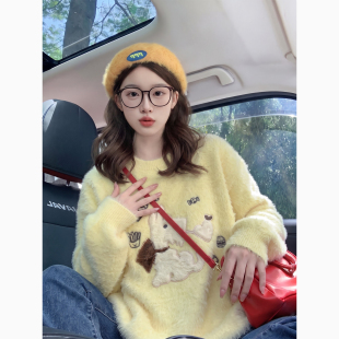 黄色卡通贴布绣花水貂绒加厚毛衣女冬季2026新款慵懒软糯针织上衣