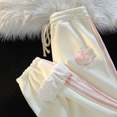 奶杏色加绒裤子女秋冬三条杠简约百搭加厚卫裤宽松直筒小个子裤子