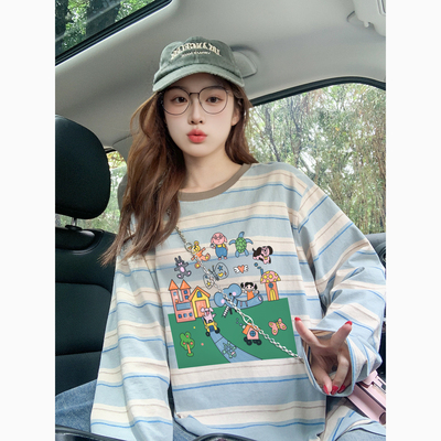 小众卡通蓝白条纹长袖t恤女早秋宽松慵懒风2025新款爆款防晒上衣