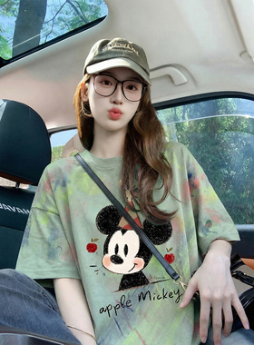 美式卡通印花短袖T恤女夏季宽松设计感米奇绿色多巴胺上衣潮流女