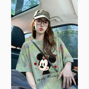 宽松设计感米奇绿色多巴胺上衣潮流女 T恤女夏季 美式 卡通印花短袖