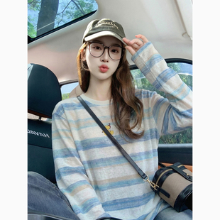 宽松圆领卡通印花防晒罩衫 2026新款 上衣女 T恤女夏季 蓝白条纹长袖