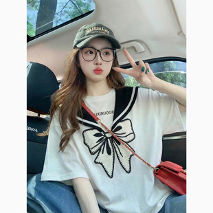 立体蝴蝶结刺绣短袖t恤女2026新款夏季韩系减龄设计感纯棉上衣ins