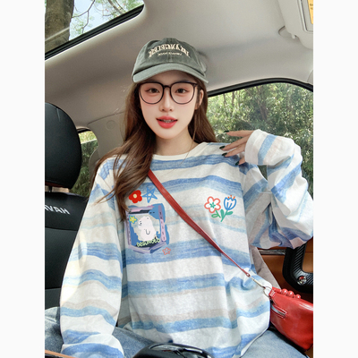 2025新款爆款蓝白条纹长袖t恤女早秋宽松慵懒风减龄潮牌情侣上衣