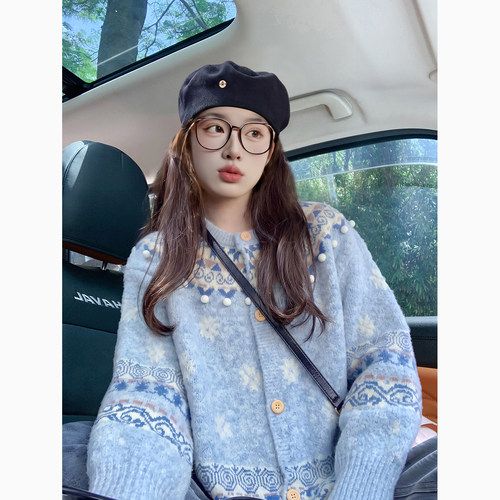 蓝色费尔岛提花开衫毛衣女秋冬2026新款慵懒复古高级感针织外套女
