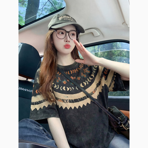 黑色美式复古短袖t恤女夏季2026新款几何印花宽松设计感潮牌上衣