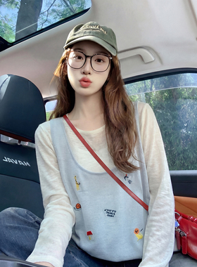 蓝色卡通刺绣假两件长袖t恤女2026新款夏季减龄轻薄防晒罩衫上衣