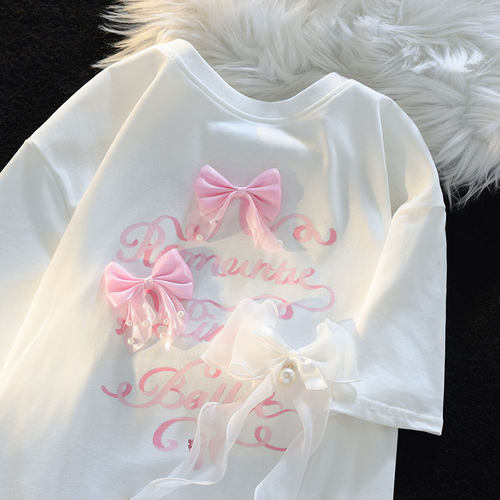 粉色蝴蝶结短袖T恤女多巴胺上衣