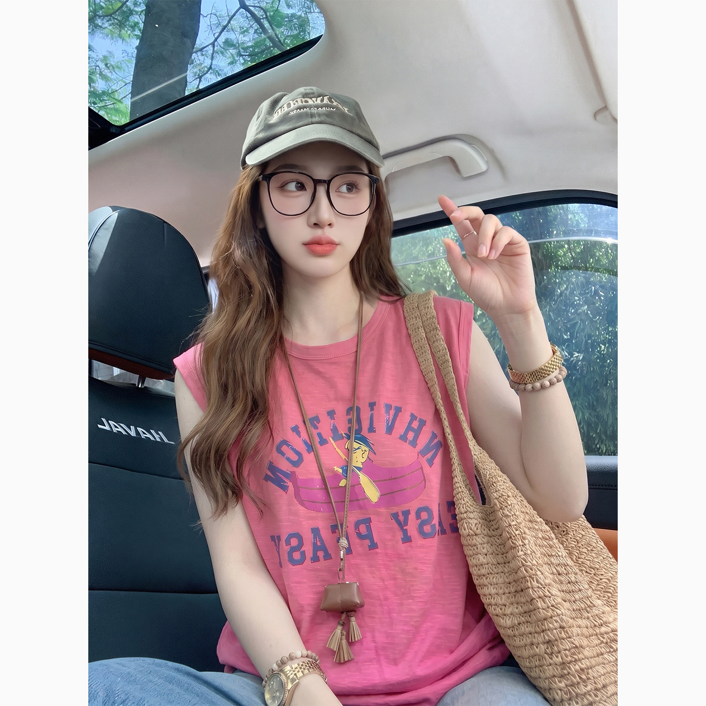 粉色字母无袖T恤女夏季2026新款休闲慵懒风多巴胺穿搭上衣体恤女
