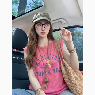 粉色字母无袖T恤女夏季2026新款休闲慵懒风多巴胺穿搭上衣体恤女