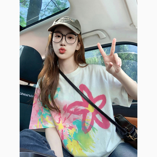 宽松纯棉上衣体恤女 2026新款 白色减龄彩色印花潮牌短袖 t恤女夏季